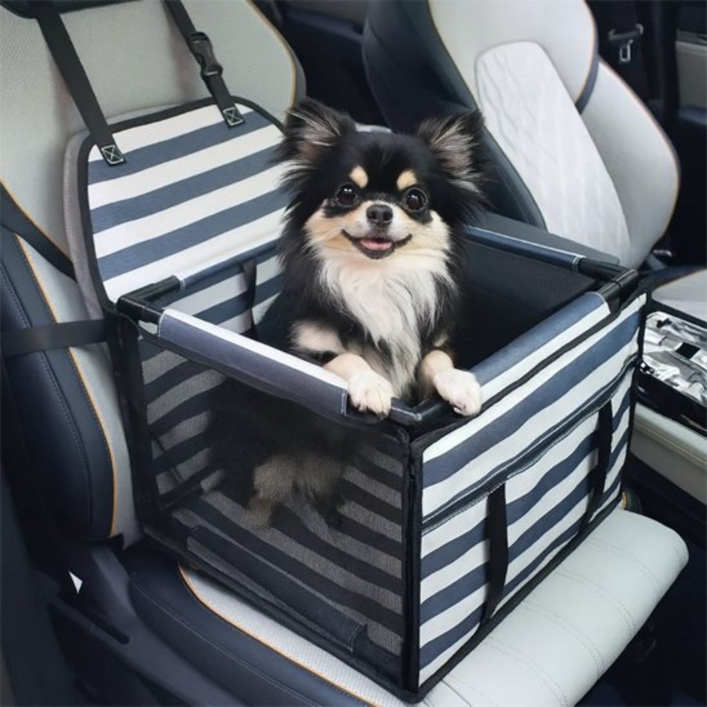 Sac de transport pour chien en voiture à rayures grises et blanches, cadre noir