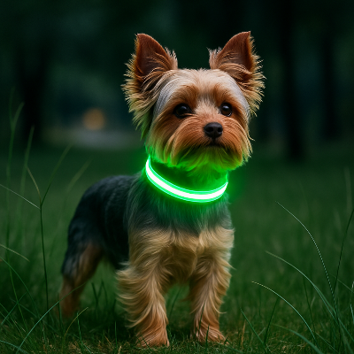 Yorkhire dans herbe haute avec un collier lumineux chien