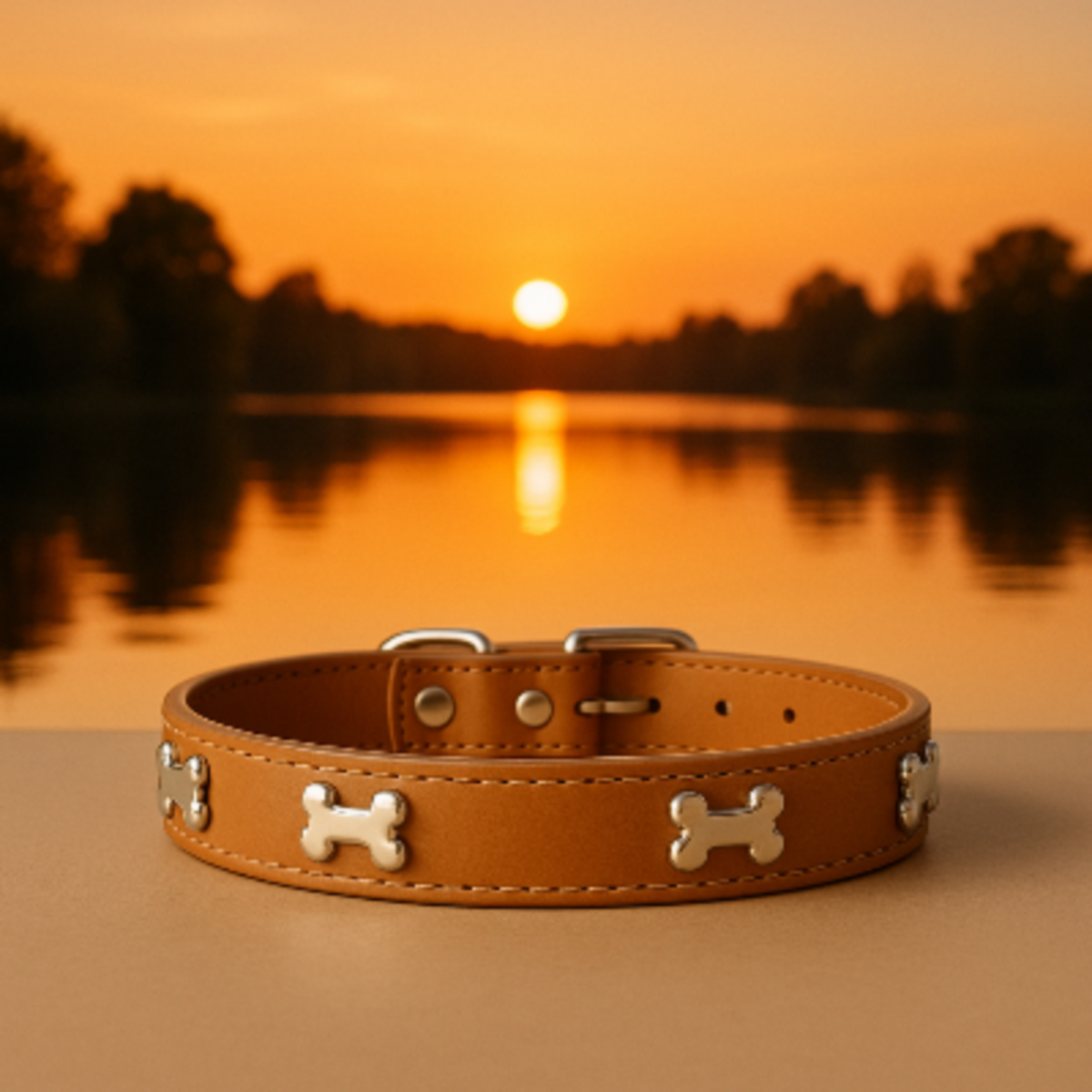 Collier cuir caramel pour chien avec anneaux métalliques et décor os.
