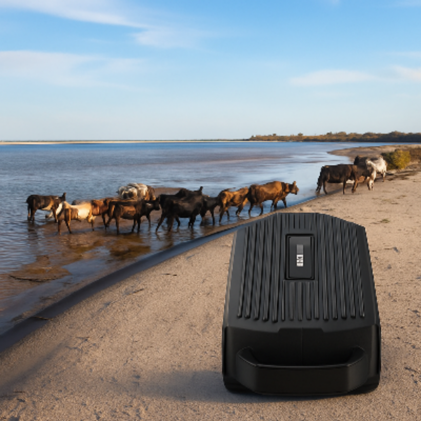 Collier GPS pour chien : boîtier noir rectangulaire avec logo, sur support