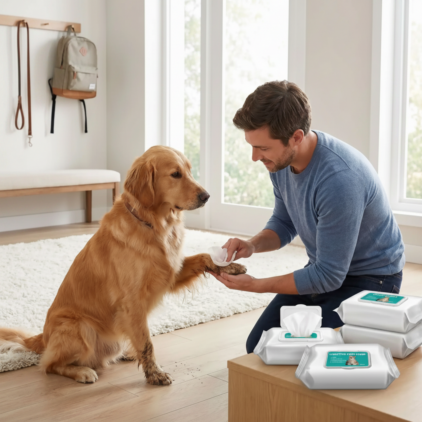 Lingettes nettoyantes pour chien et paquet blanc à languette, étiquette verte
