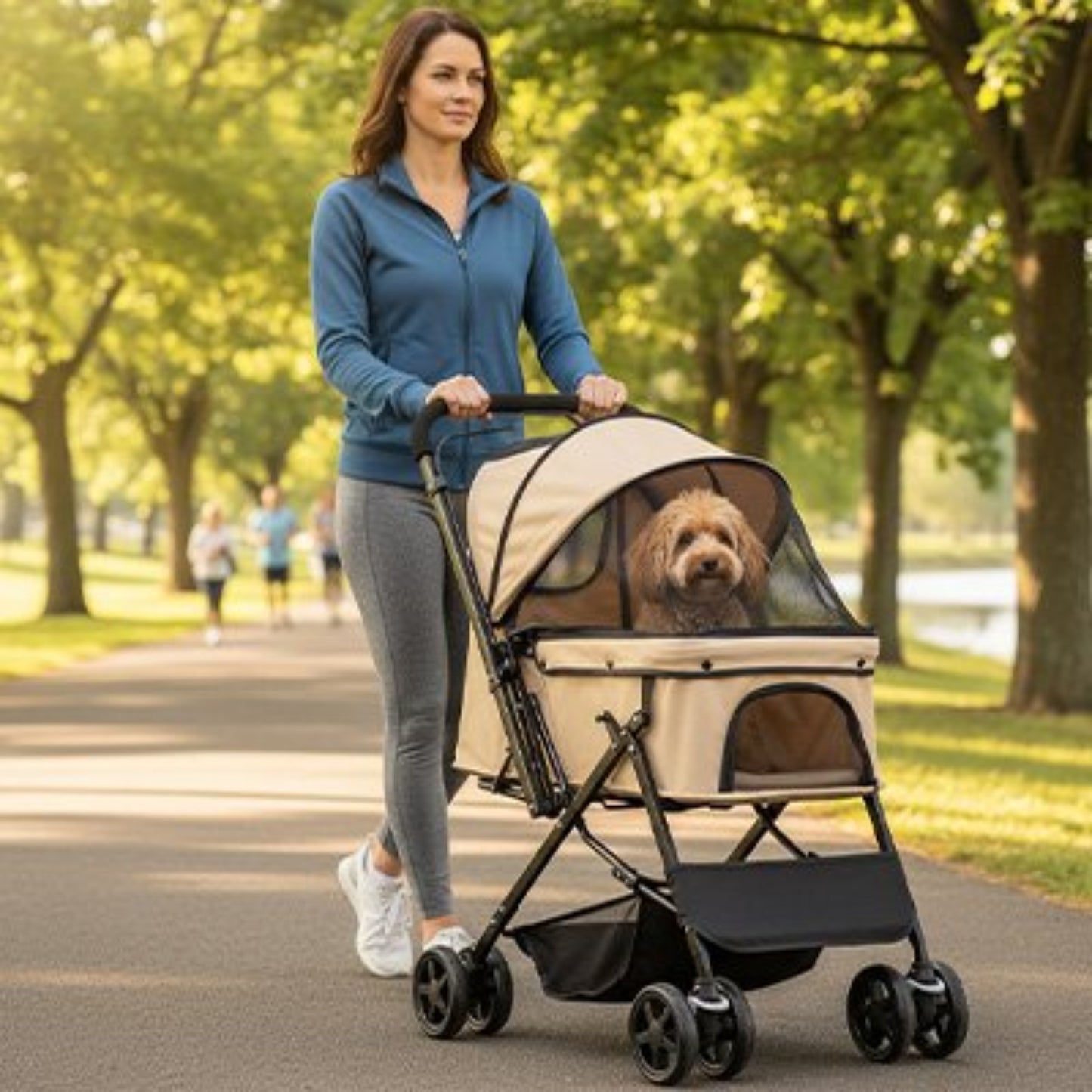 Poussette pour chien PetComfort beige, vue latérale, fenêtres en maille noire