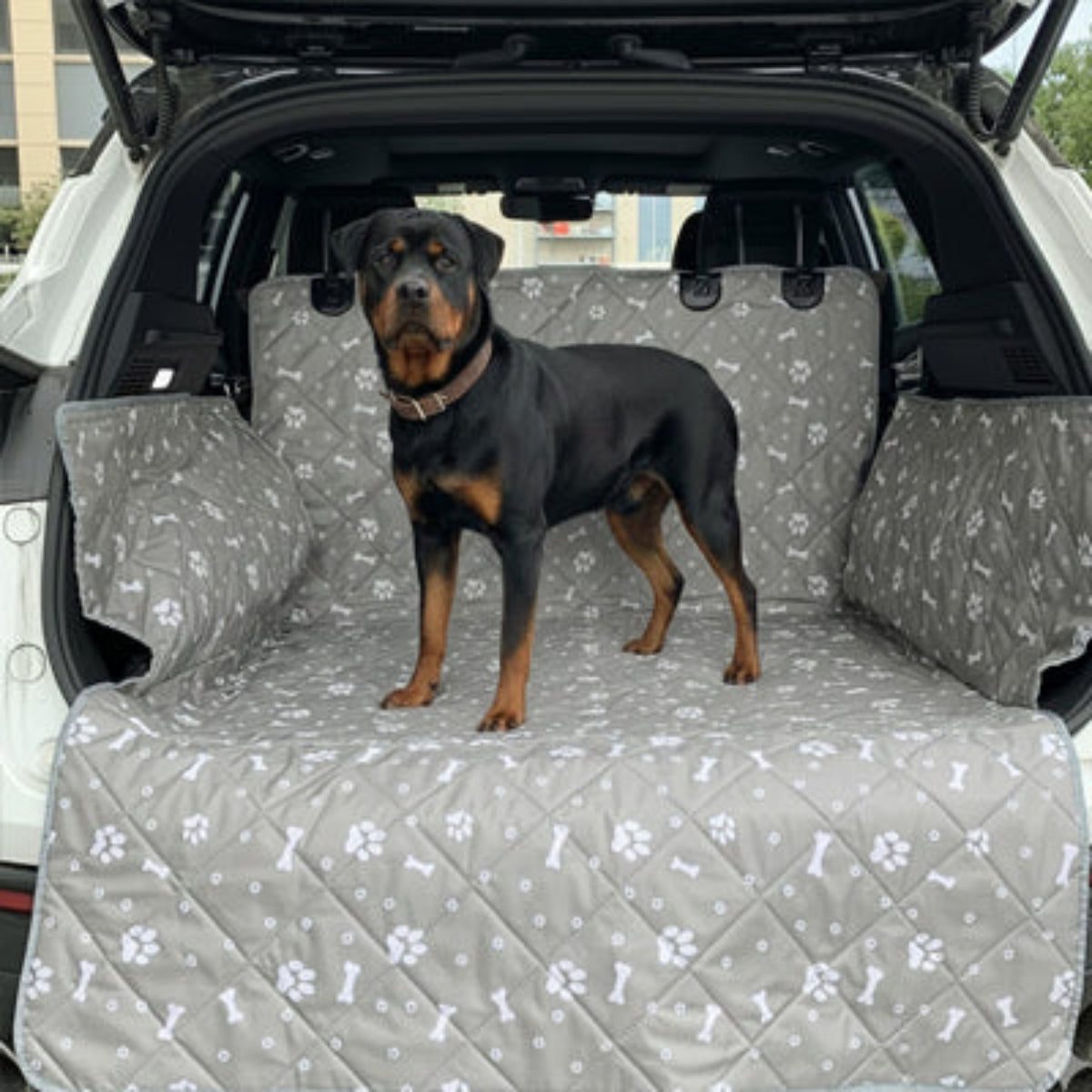 Housse SUV imperméable grise pour chien, motifs pattes et os, housse de coffre
