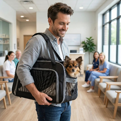 chez vétérinaire sac de transport chien heureux