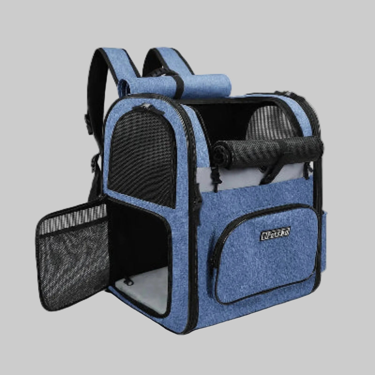Sac de transport pour chien bleu ciel, parois rigides et panneau en maille noire