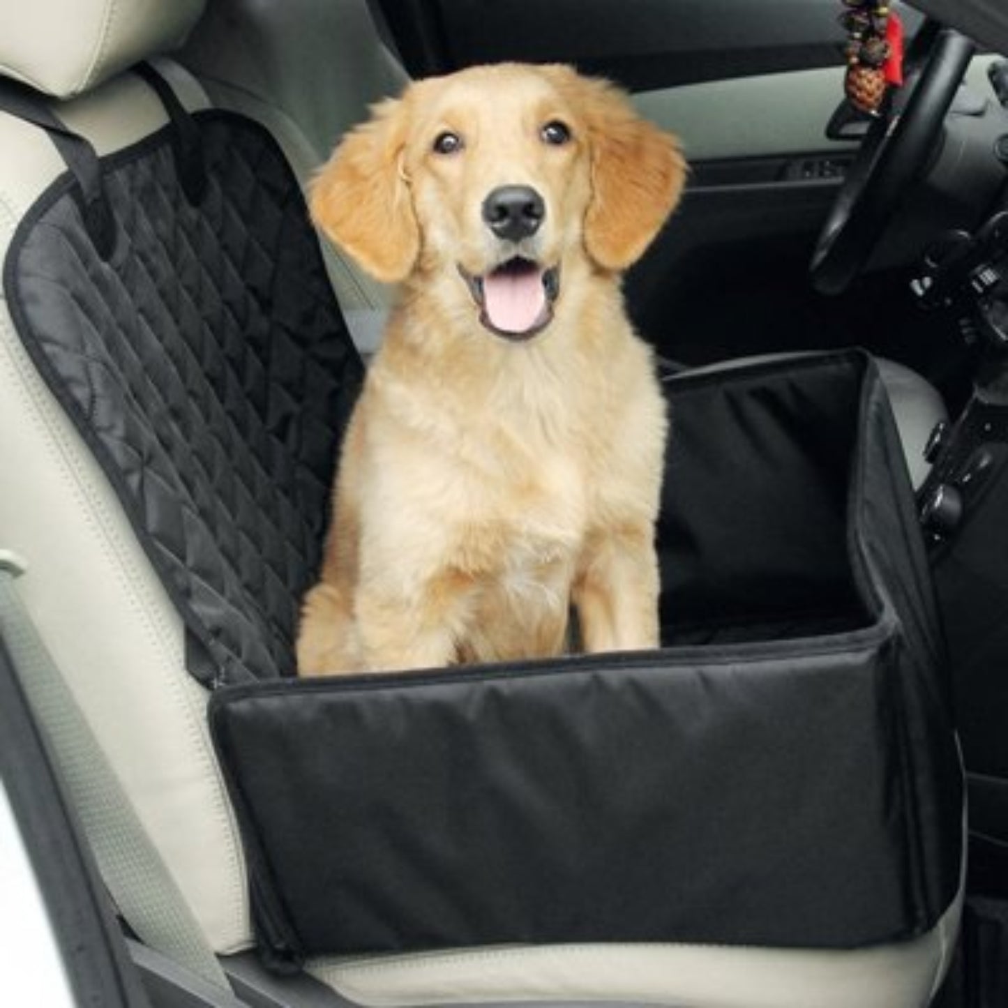 Sac de transport pour chien en voiture noir, chien golden assis, bord supérieur rembourré