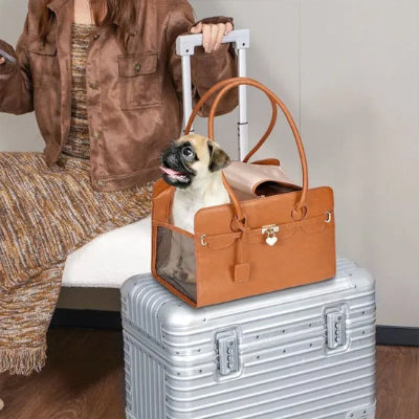 Sac de transport pour chien orange avec anses, fenêtre latérale et attache métallique décorative.