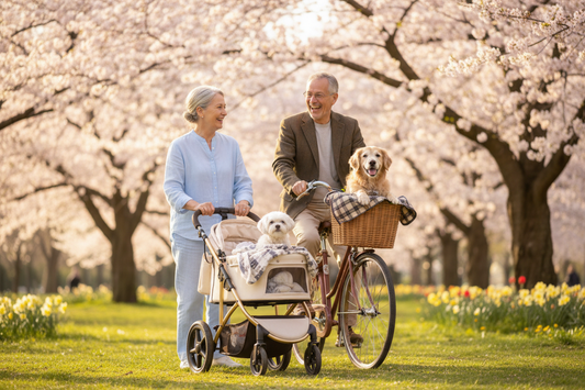 Femme promenant son chien senior en poussette et cycliste avec chien dans panier vélo au printemps