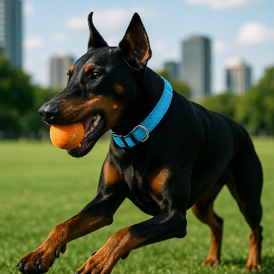 Doberman jouant avec une balle orange portant son collier pour chien