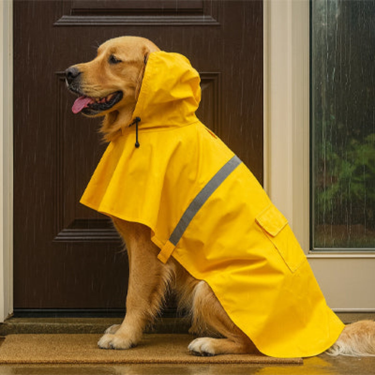 Imperméable jaune pour chien à capuche et bandes réfléchissantes