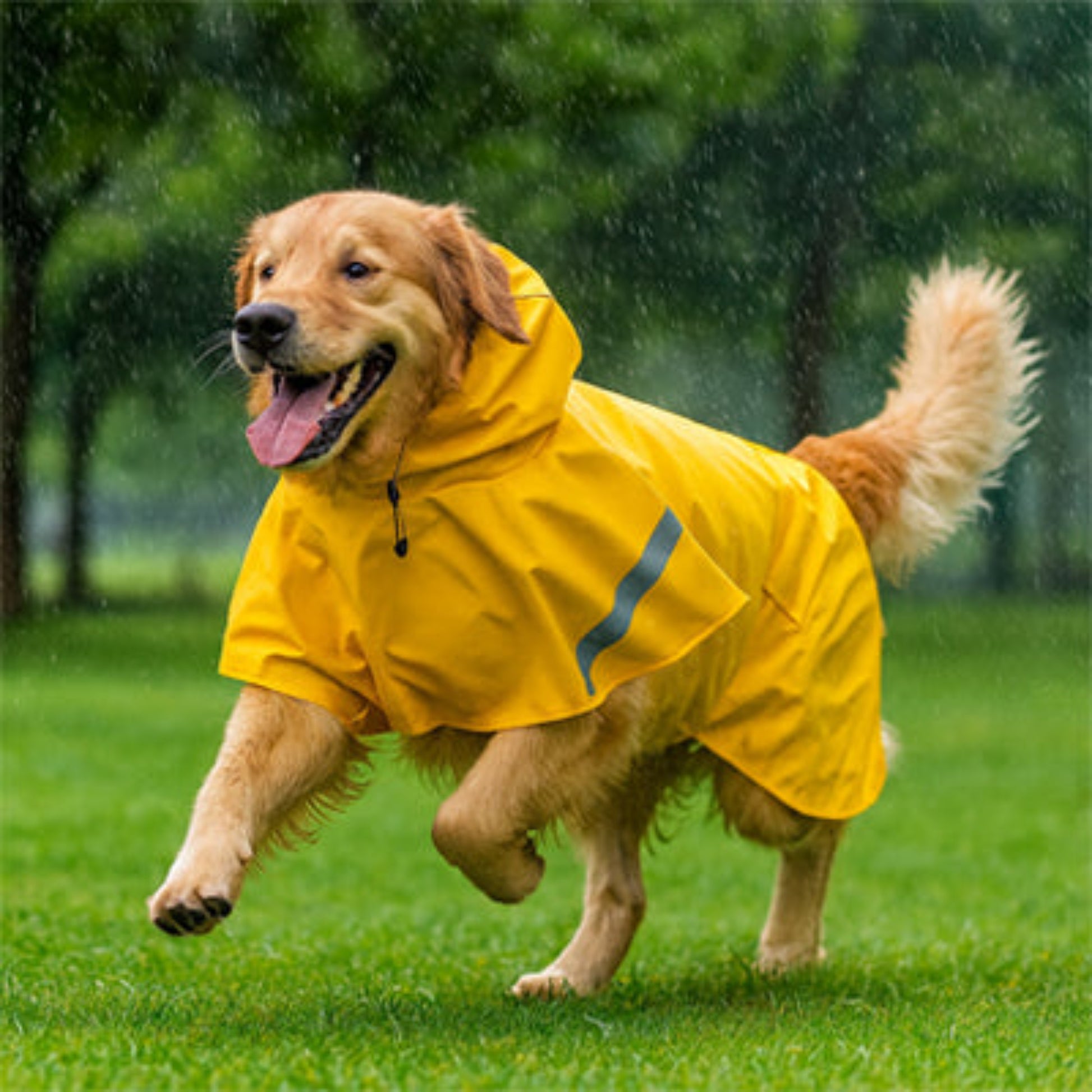 Imperméable jaune pour chien à capuche et bandes réfléchissantes