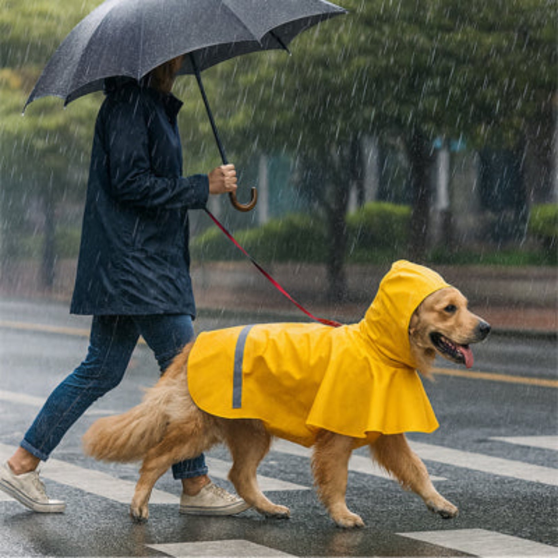 Imperméable sombre pour chien à bandes réfléchissantes et capuche
