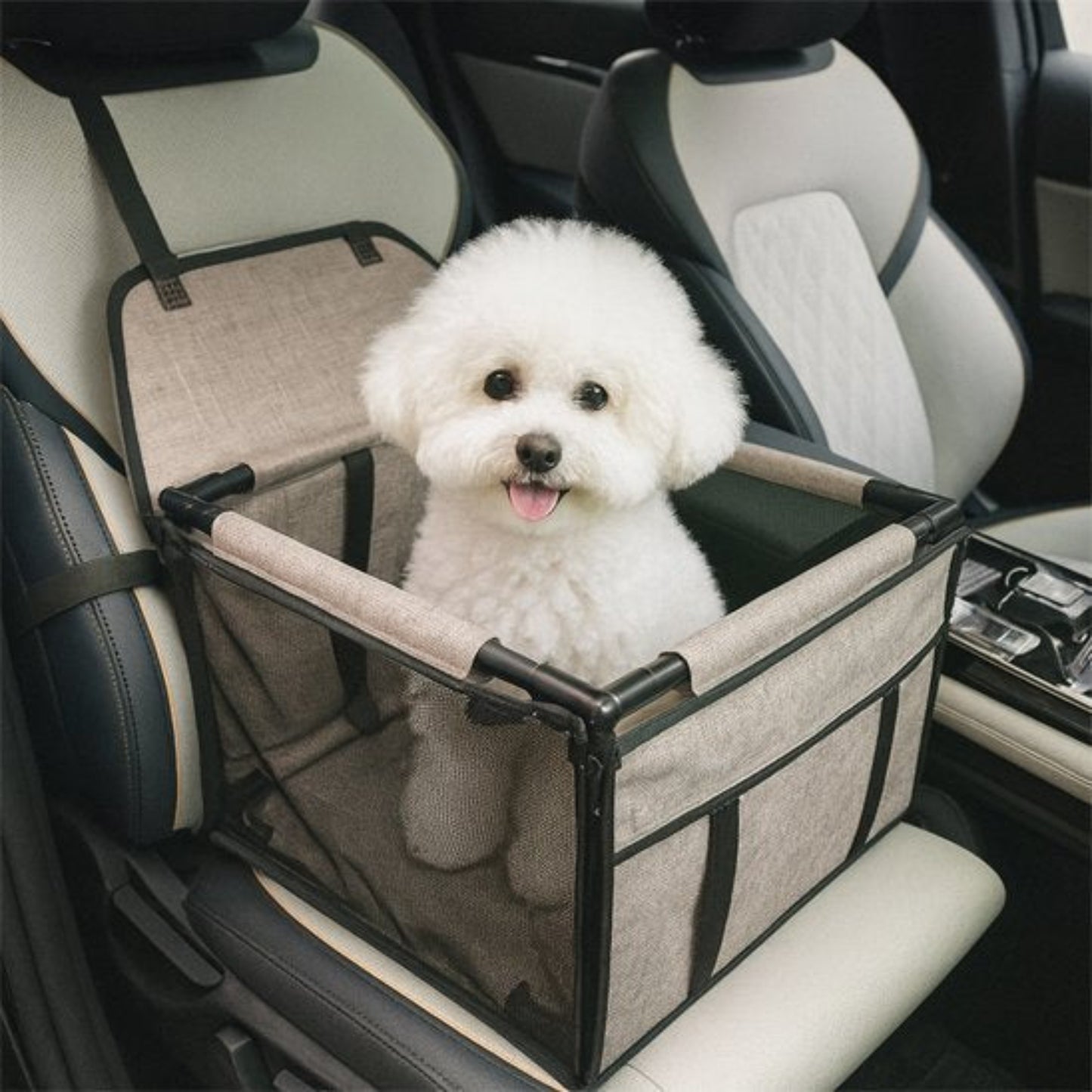Sac de transport pour chien en voiture gris, filet latéral et poignées en arceau