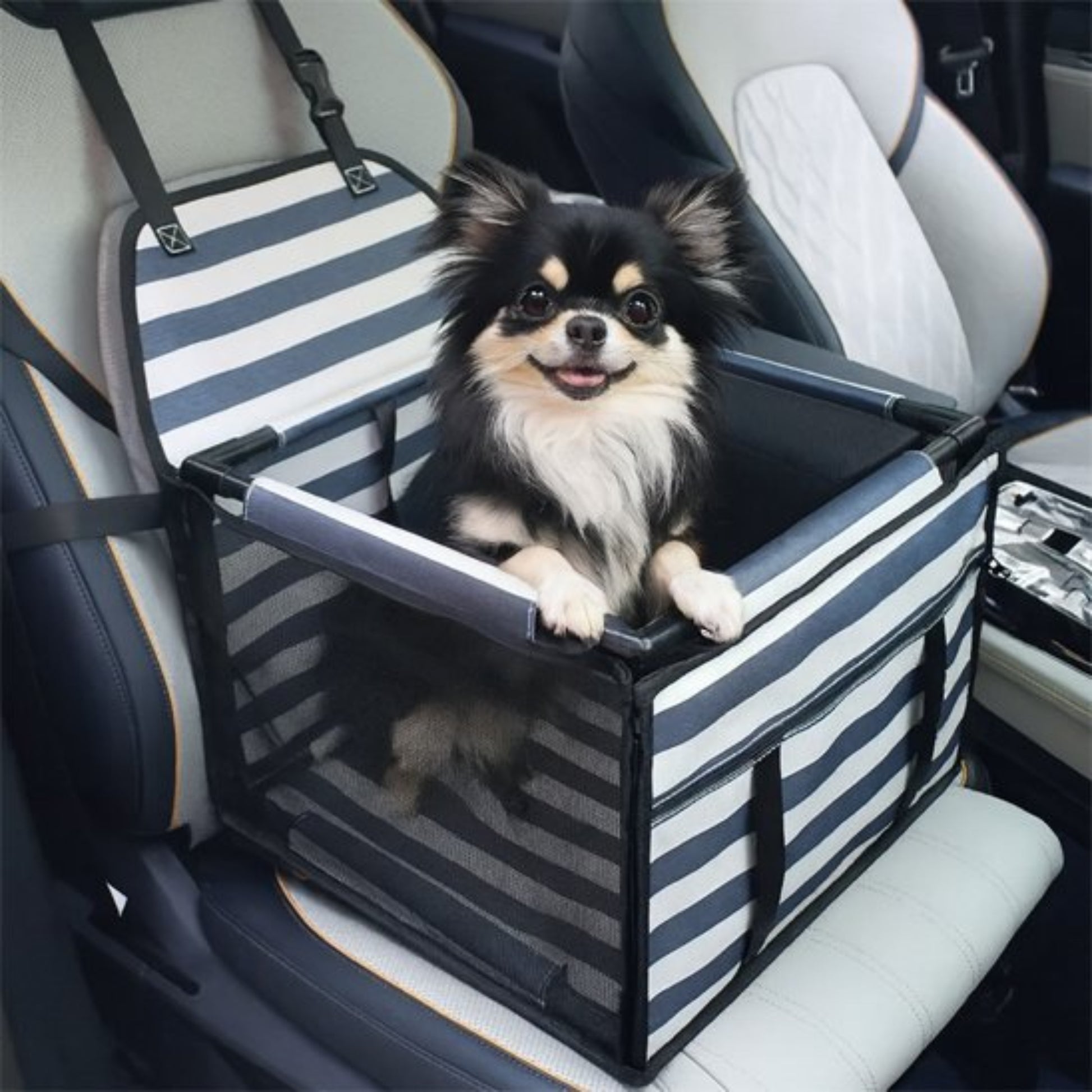 Sac de transport pour chien en voiture à rayures grises et blanches, cadre noir