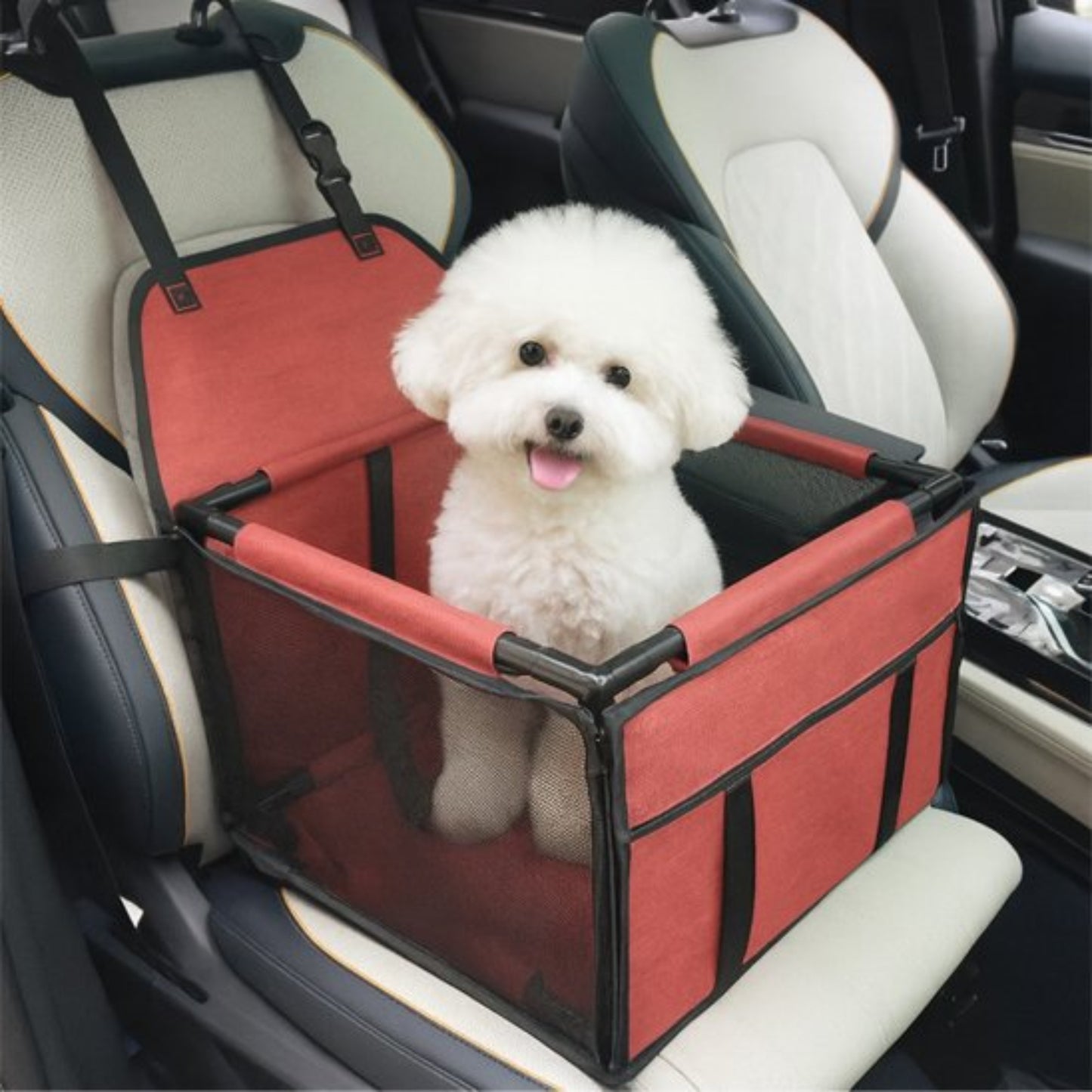 Sac de transport pour chien en voiture rouge avec panneaux respirants et sangles noires
