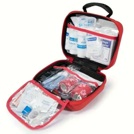 Trousse de premiers secours pour chien Aventure, valisette rouge ouverte avec compartiments