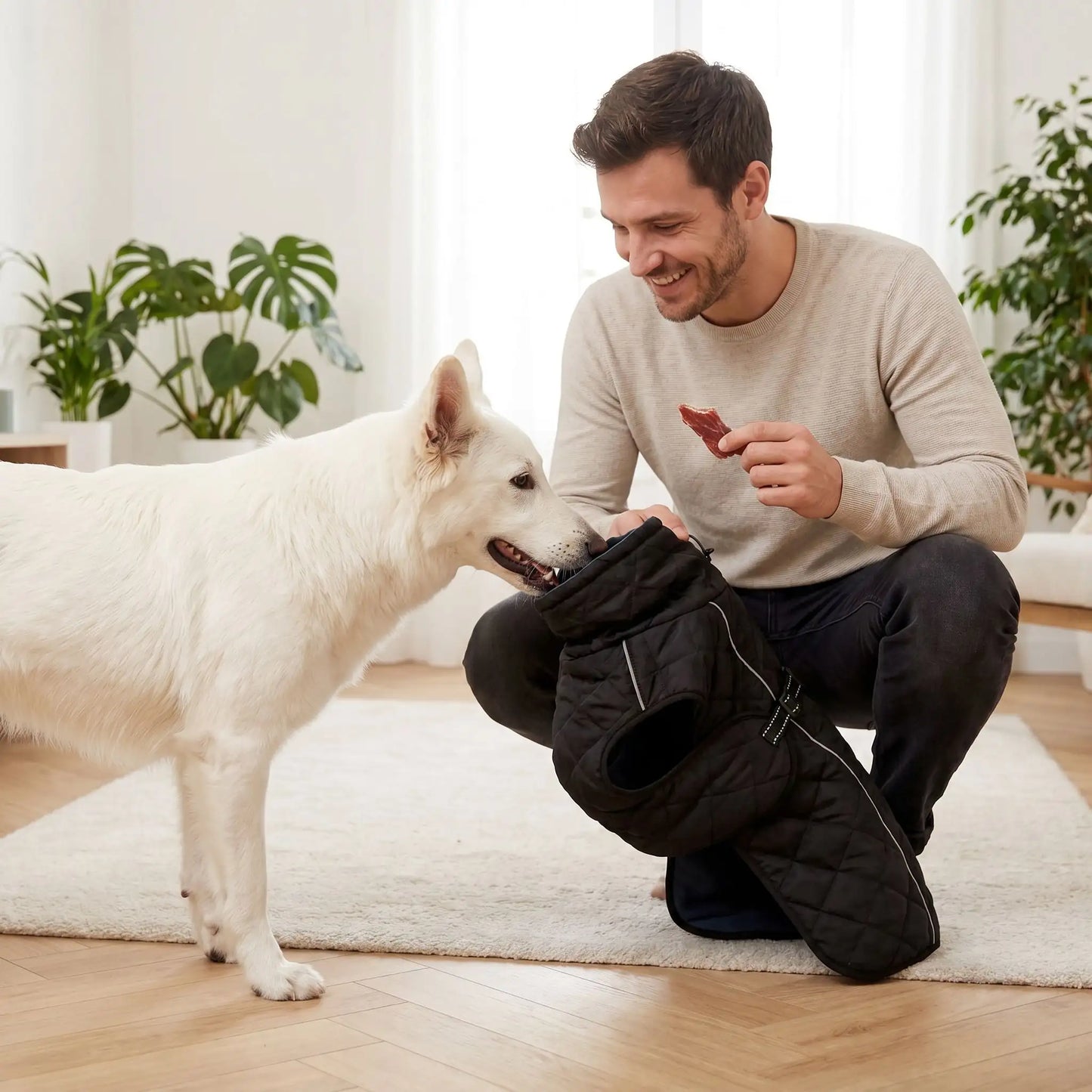Manteau pour chien matelassé noir, fermeture éclair et ouverture pour pattes
