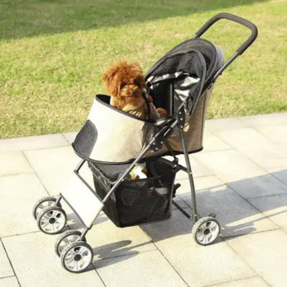 Poussette pour chien PetStroller beige avec auvent sombre, grandes roues et panier de transport noir