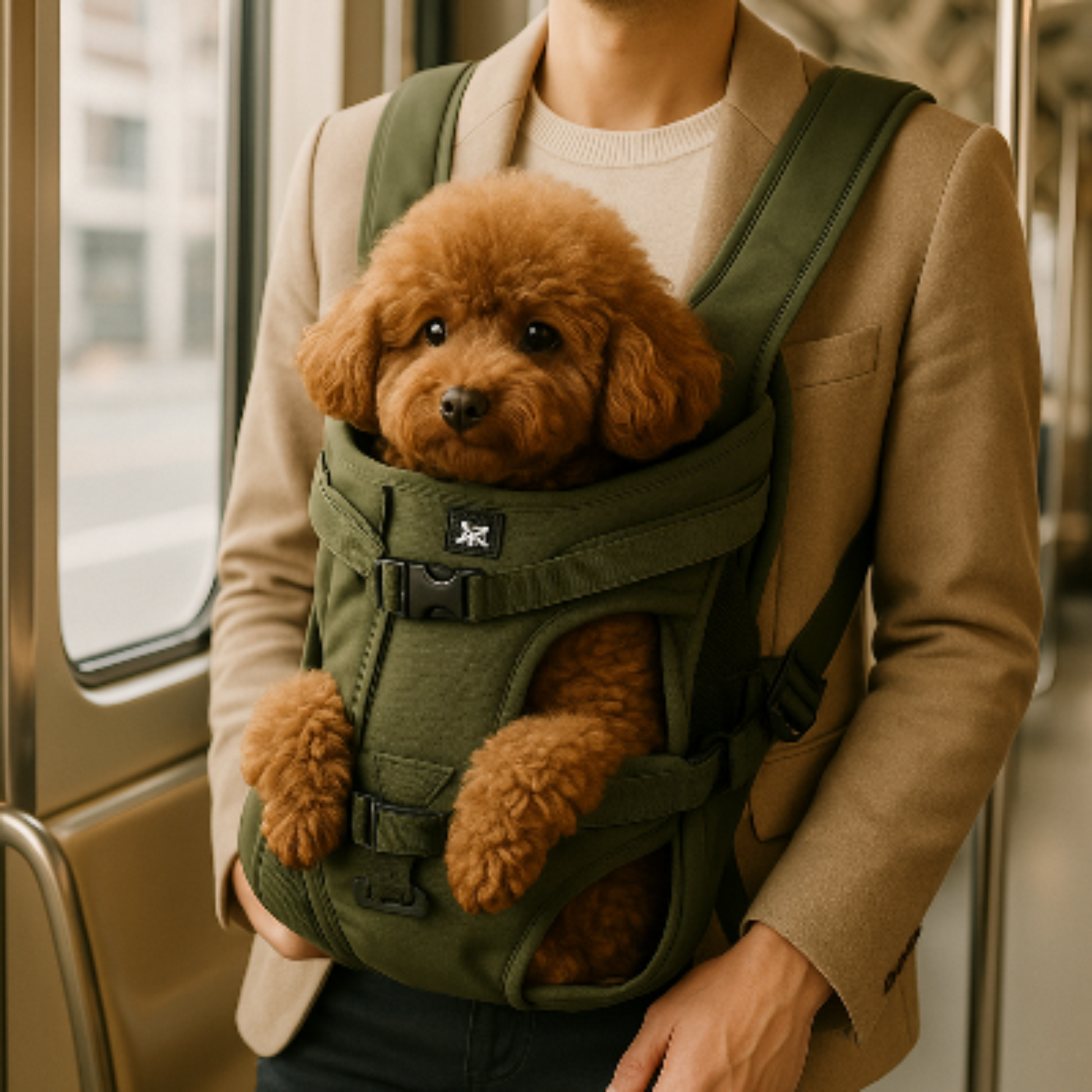 Sac à dos pour chien vert avec ouverture rembourrée et harnais avant