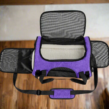 Sac de transport pour chien violet, dessus rigide et ouvertures latérales en mesh