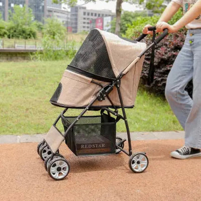 Poussette pour chien PetStroller beige, tente en filet noir et sac de rangement arrière