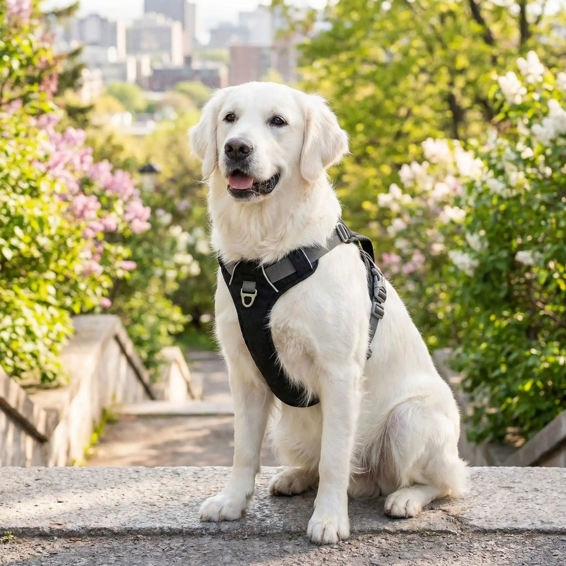 Harnais pour chien noir avec sangles réglables et boucles métalliques