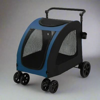 Poussette pour chien bleue avec cabine en maille noire, toit rigide et poignée
