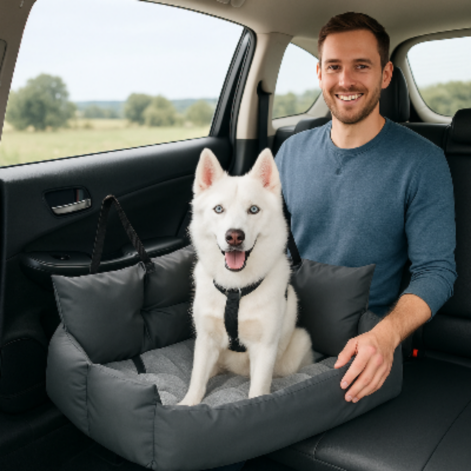 Siège auto pour chien gris avec housse, chien assis près d’un homme