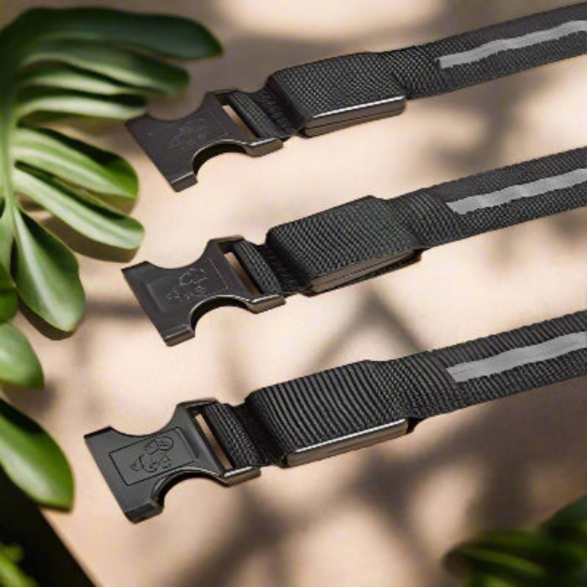 Collier pour chien noir avec bandes réfléchissantes et boucle réglable.