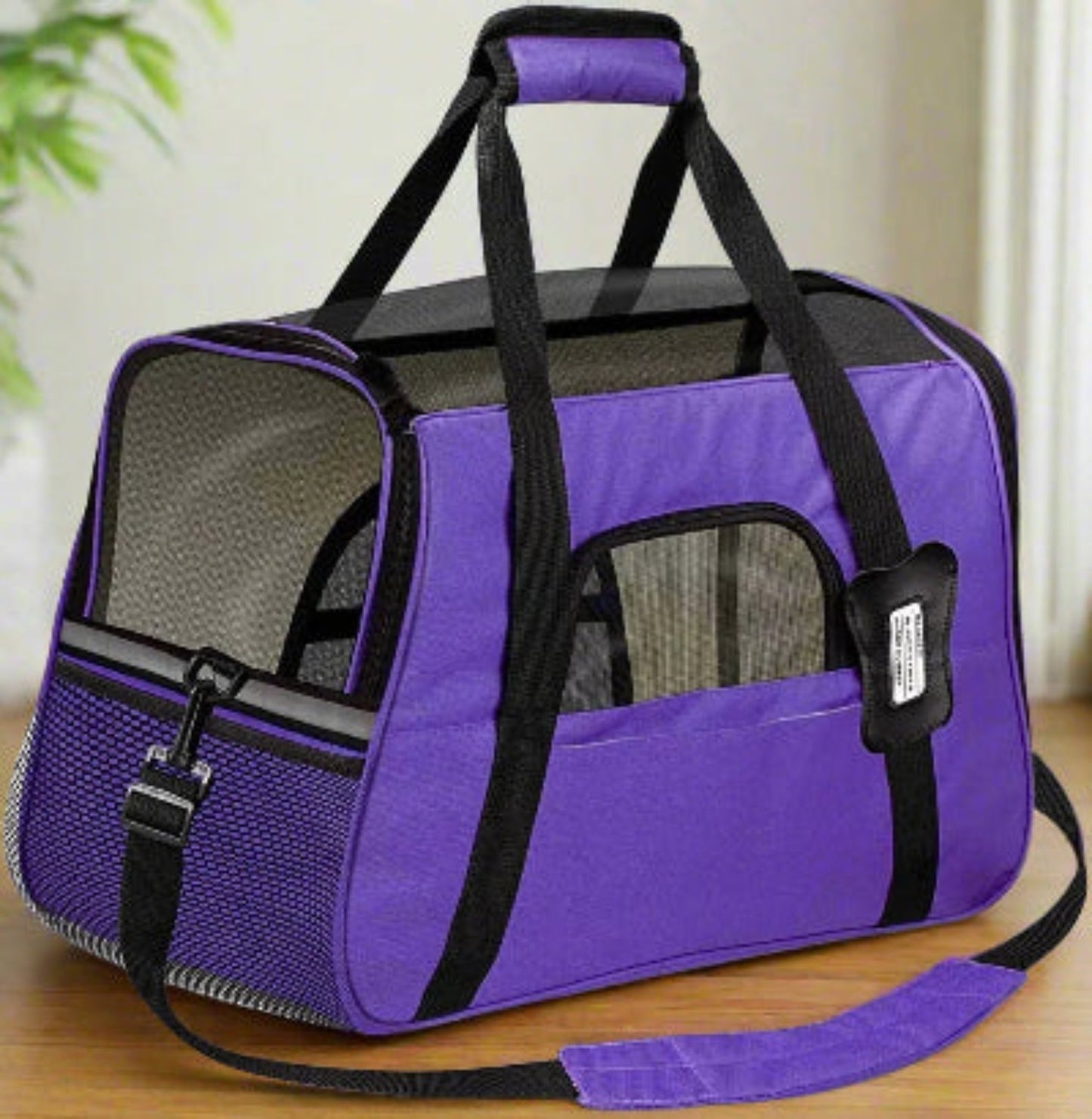 Sac de transport pour chien violet avec double poignée, fenêtre en mesh et bandoulière