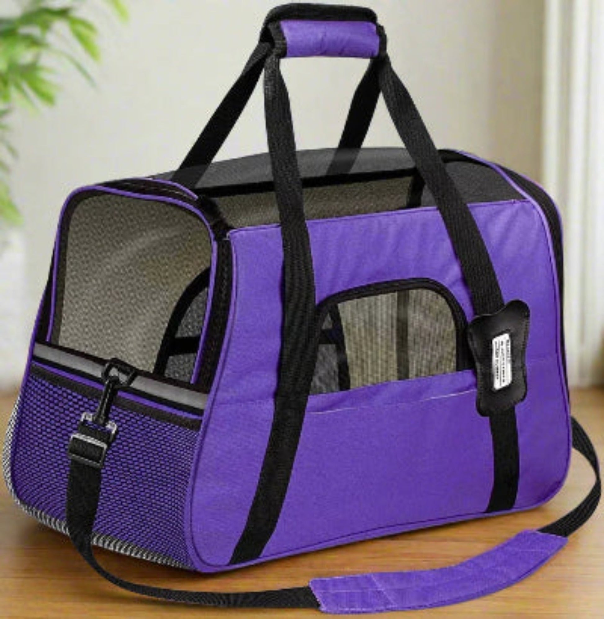 Sac de transport pour chien violet avec double poignée, fenêtre en mesh et bandoulière
