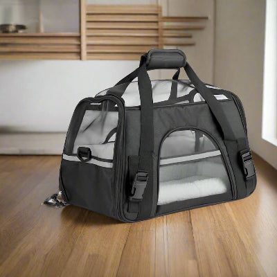 Sac de transport pour chien noir avec fenêtre en maille et poignées renforcées