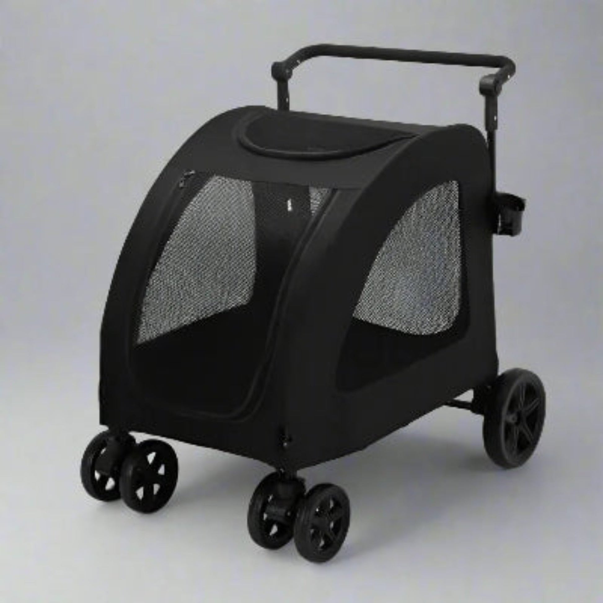 Poussette noire pour chien, coque avec fenêtres en maille et poignée, roues doubles.