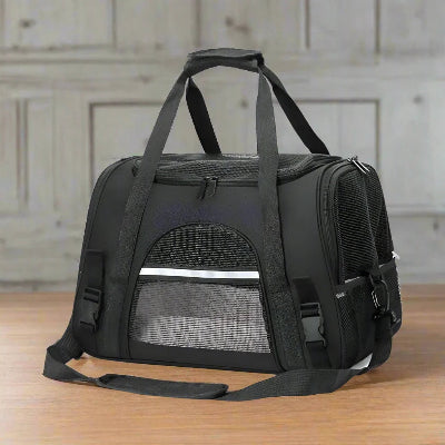 Sac de transport pour chien noir avec panneau en maille et sangles latérales