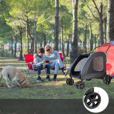 Poussette pour chien avec cabine en maille noire et grandes roues, vue latérale
