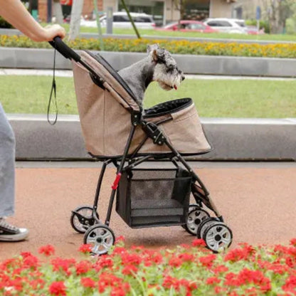 Poussette pour chien PetStroller beige avec pare-soleil et sac de rangement noir, roues grises