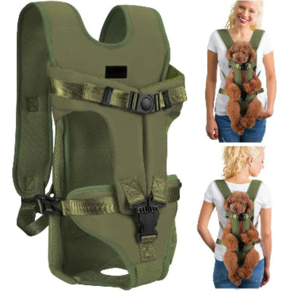 Sac à dos pour chien vert, vue frontale avec sangles et boucles noires
