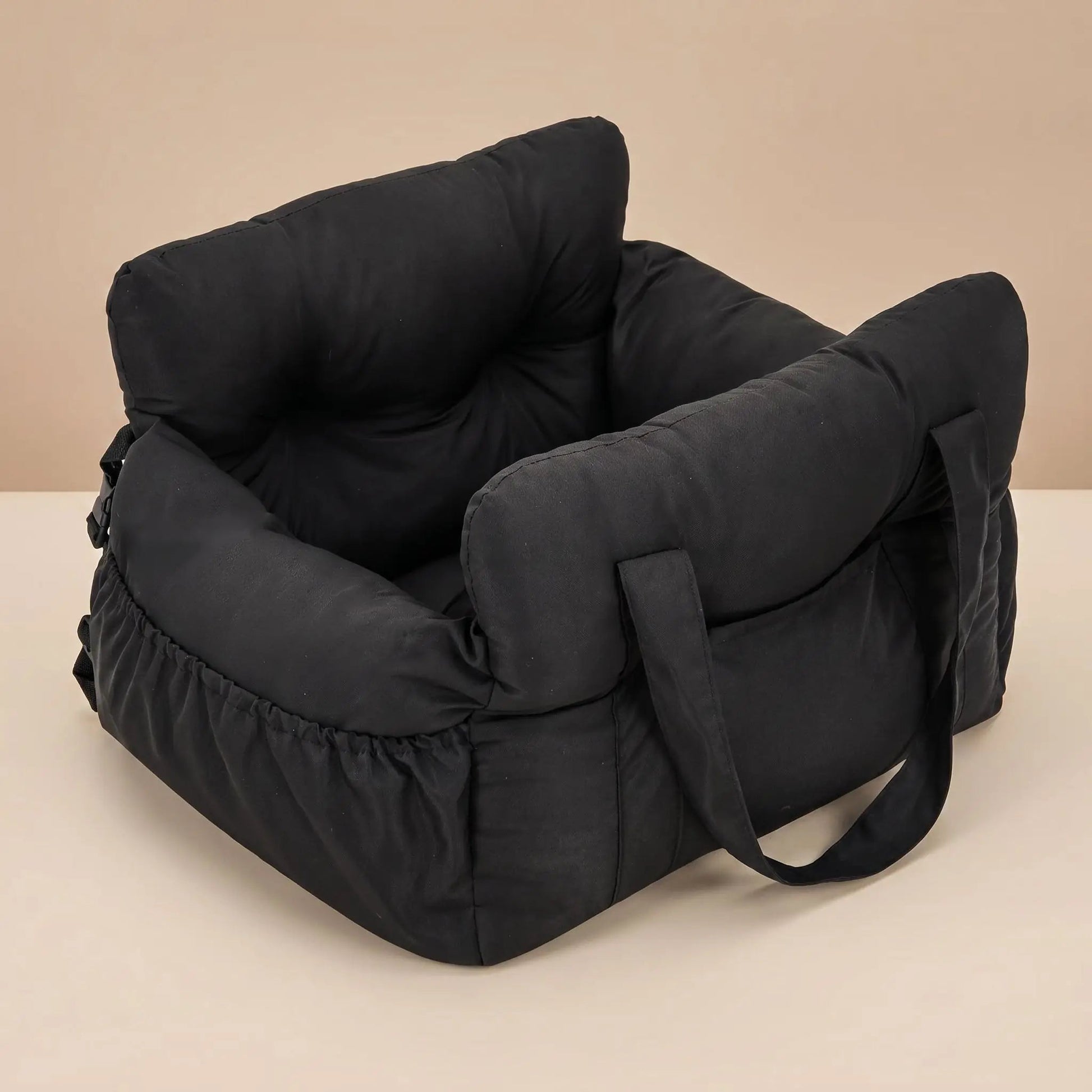 Coussin siège auto chien noir rembourré, poignée et sangles de fixation