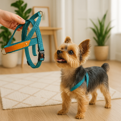 Chien portant un harnais anti-traction bleu ciel, sangle turquoise et liseré orange
