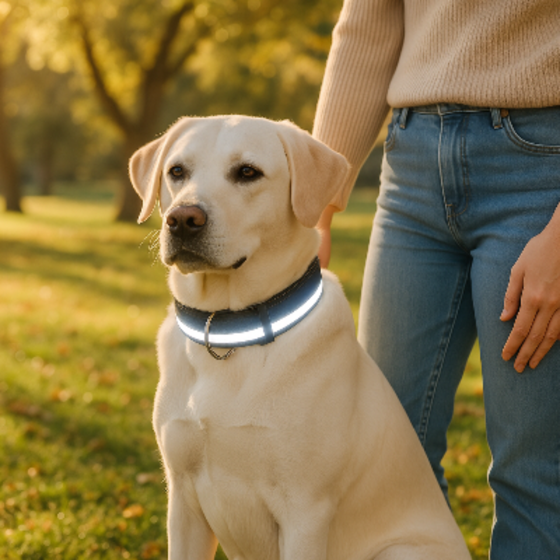 Collier LED pour chien noir sur chien clair, bande lumineuse autour du cou.