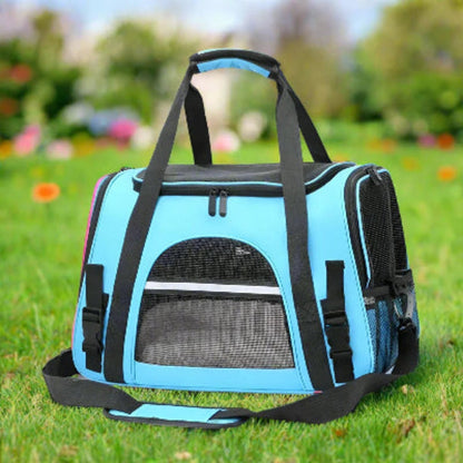 Sac de transport pour chien bleu clair, face en maille sombre et sangle d’attache