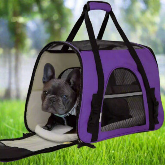 Sac de transport pour chien violet avec fenêtre en maille et harnais de maintien