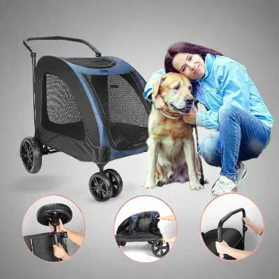 Poussette pour chien bleue et noire avec fenêtres en maille et roues pivotantes