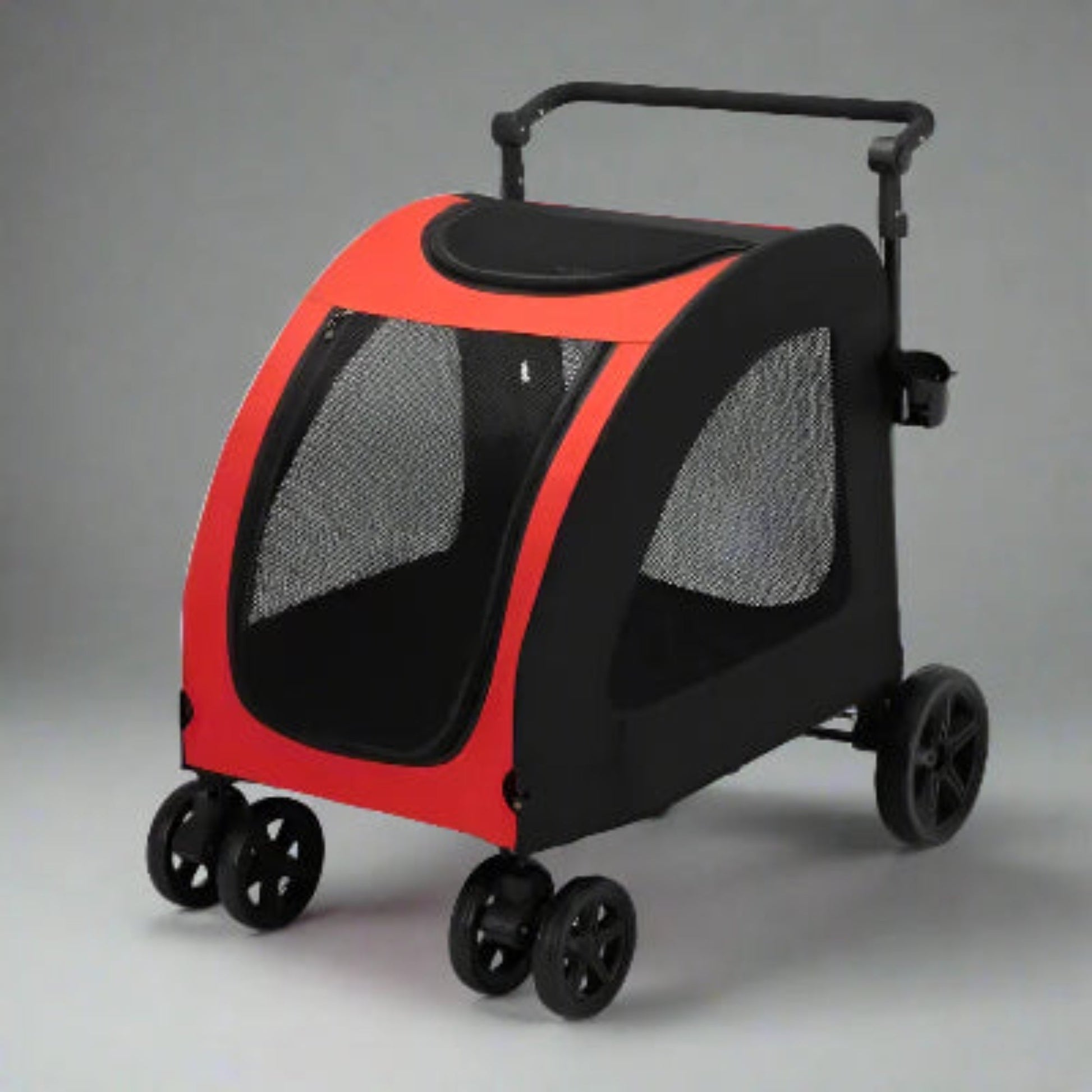 Poussette à chien StrollyPet rouge vue trois-quarts avec guidon et fenêtres en mesh