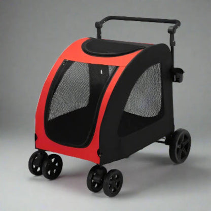 Poussette à chien StrollyPet rouge vue trois-quarts avec guidon et fenêtres en mesh