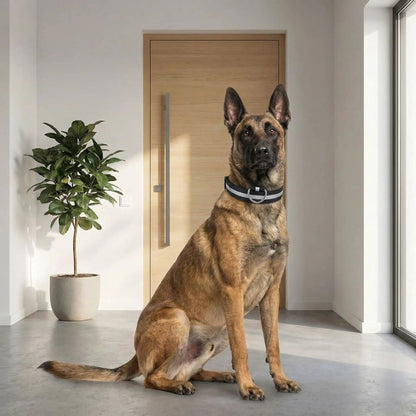 Collier pour chien noir à bande LED, anneau en D visible sur le cou.