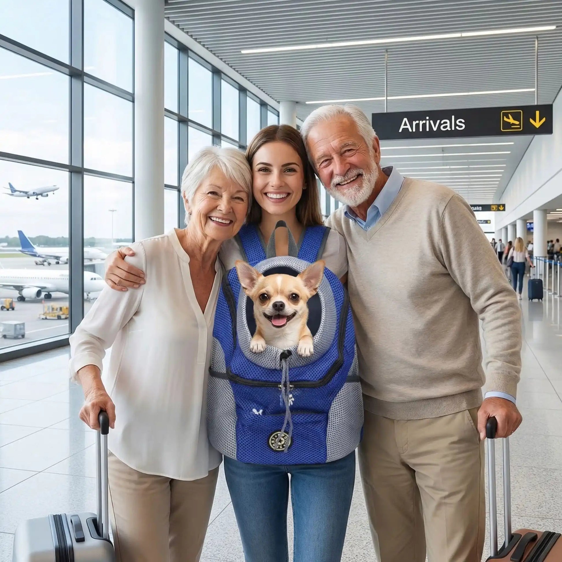 Sac pour chien cabine bleu à maille grise, chien à l’intérieur lors de l’arrivée