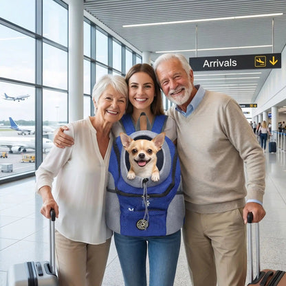 Sac pour chien cabine bleu à maille grise, chien à l’intérieur lors de l’arrivée