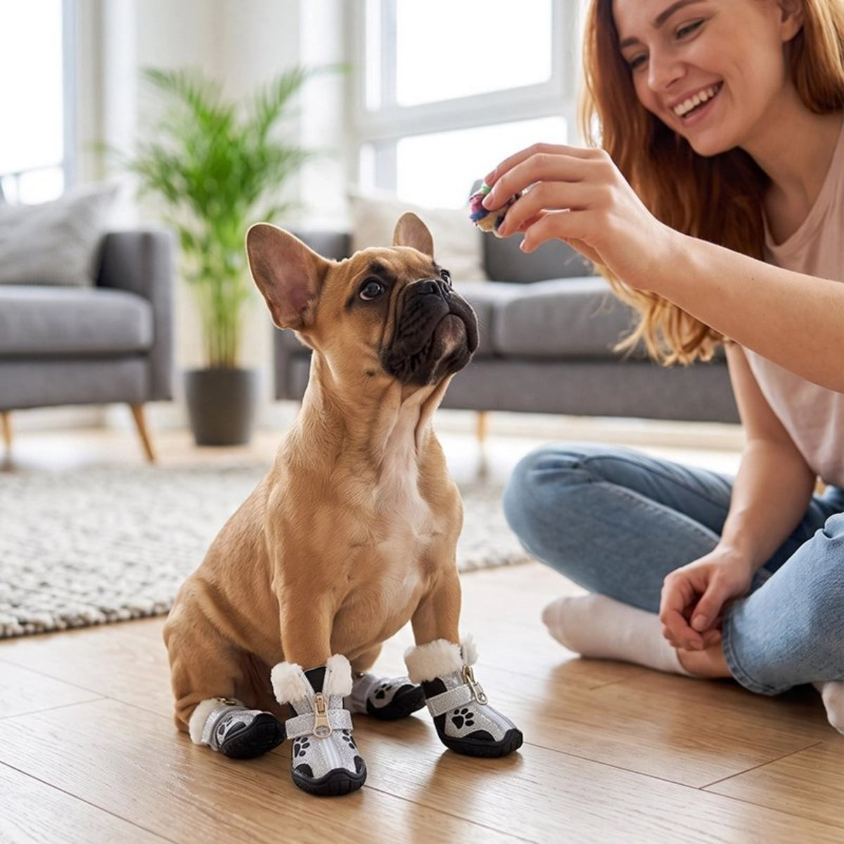 Chaussures pour chien à motif patte, dessus bleu foncé avec touches blanches, portées.