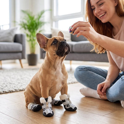 Chaussures pour chien à motif patte, dessus bleu foncé avec touches blanches, portées.